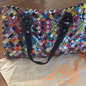 Nahui Ollin Colorful Woven Tote with Black Handles